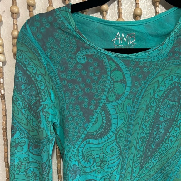 AMB Be Happy Second Skin Teal Floral Long Sleeve Semi Sheer Boho Y2K Dance OS - Picture 4 of 5